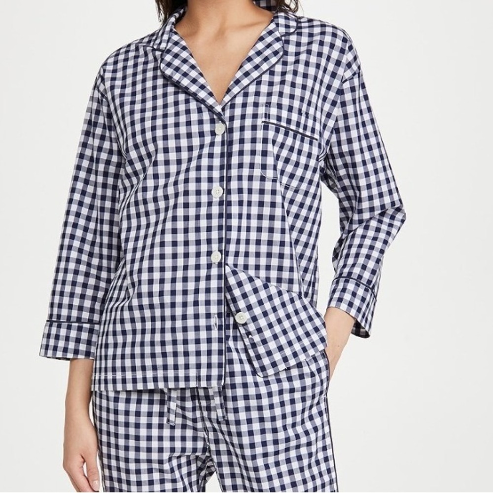 Sleepy Jones Womens XL Marina Pajama Shirt Navy White Gingham Cotton Button Up